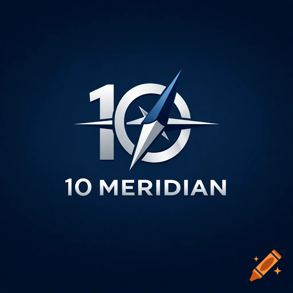 Logo for 10 Meridian featuring a stylized number 10 integrated with a compass symbol in silver and blue on a dark blue background.