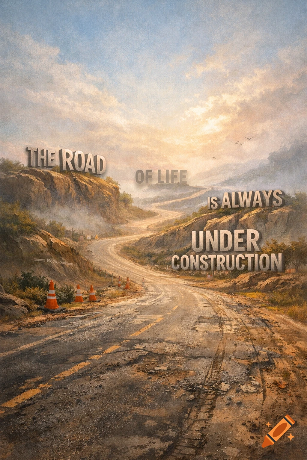 A winding, dirt road with potholes and orange construction cones, surrounded by misty mountains under a sunrise sky. Large 3D text reads "THE ROAD OF LIFE IS ALWAYS UNDER CONSTRUCTION".