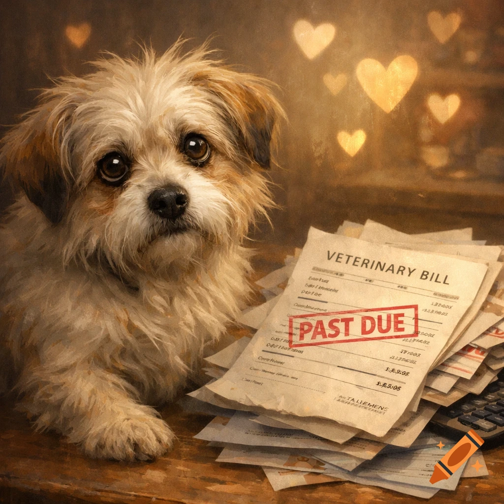 A sad, fluffy dog sits next to a stack of 'VETERINARY BILL' papers, one stamped 'PAST DUE', with glowing hearts in the background.