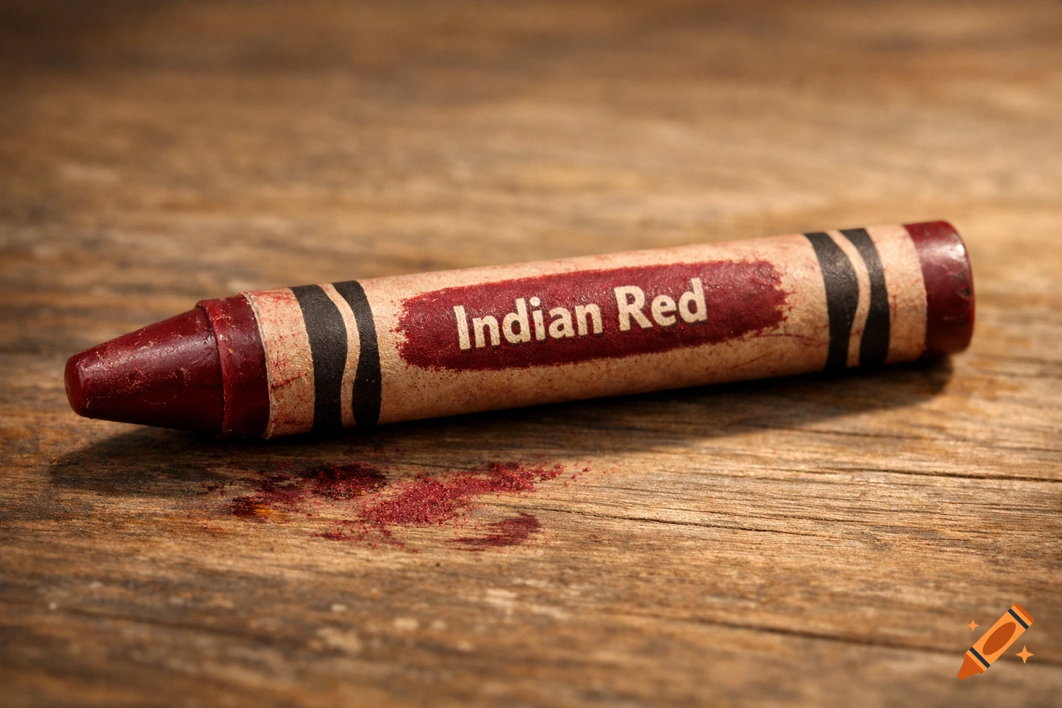 A dark red crayon labeled 'Indian Red' rests on a rustic wooden surface next to red crayon dust, in a photorealistic close-up.