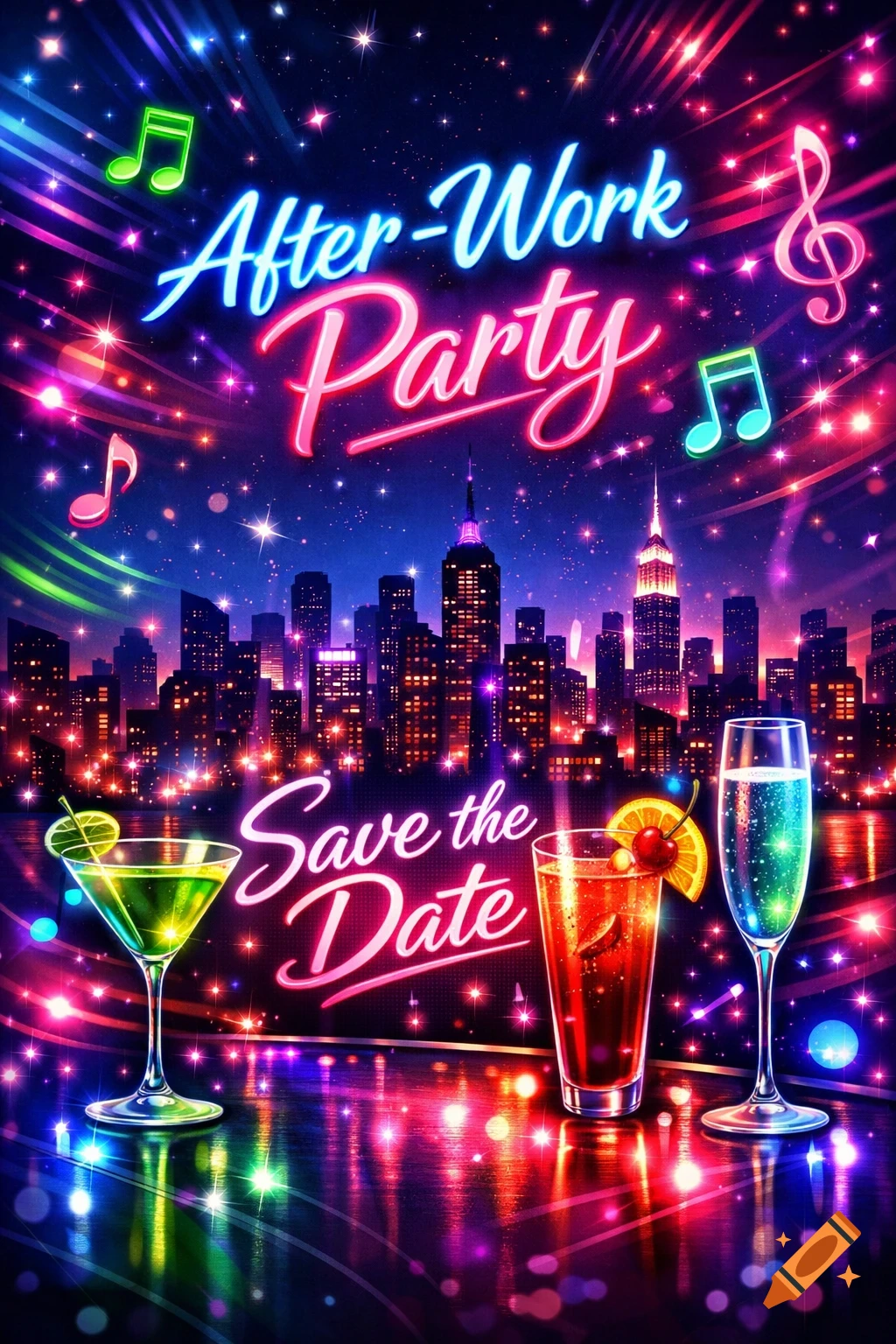 Vibrant neon 'After-Work Party Save the Date' flyer with city skyline, cocktails, and music notes.