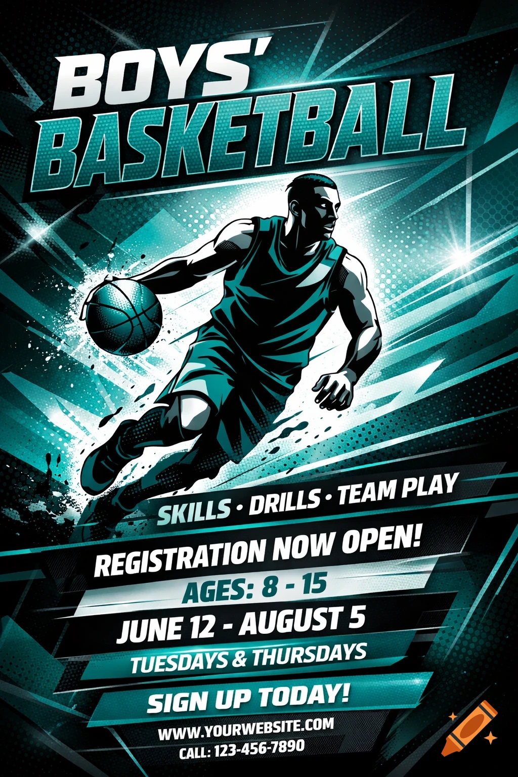 A stylized teal, white, and black flyer for a boys' basketball camp, featuring a male player dribbling a ball.