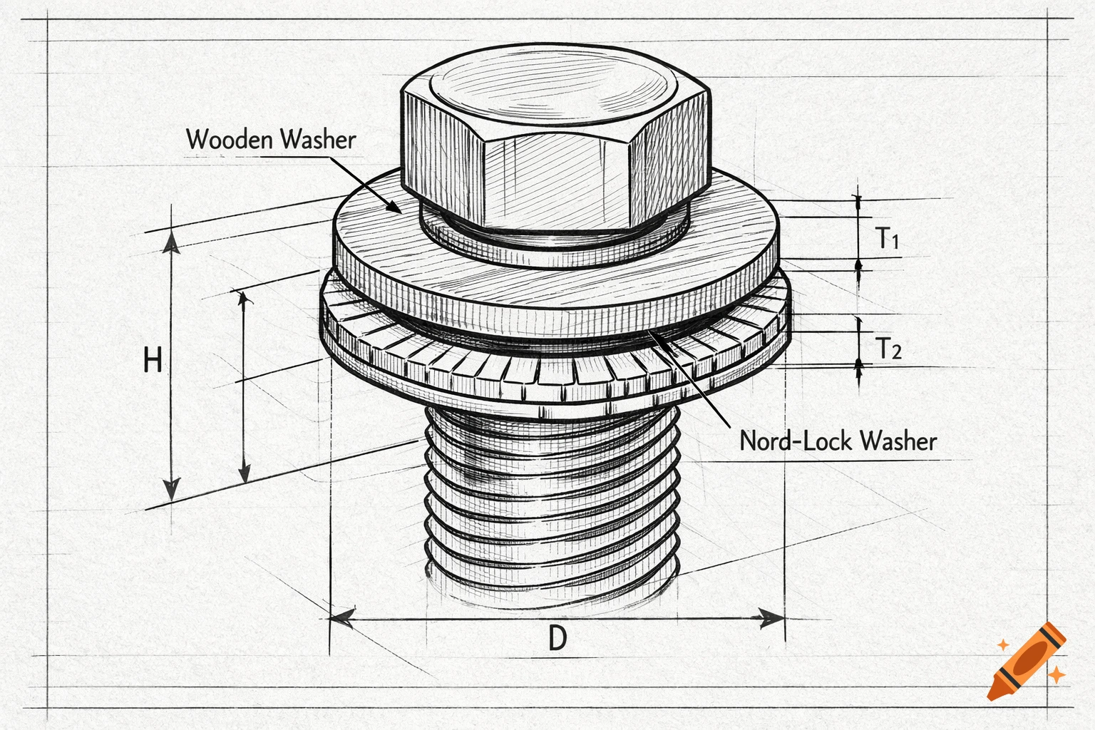 Mechanical drawing of a bolt with a wooden washer and a Nord-Lock washer, labeled with dimensions.