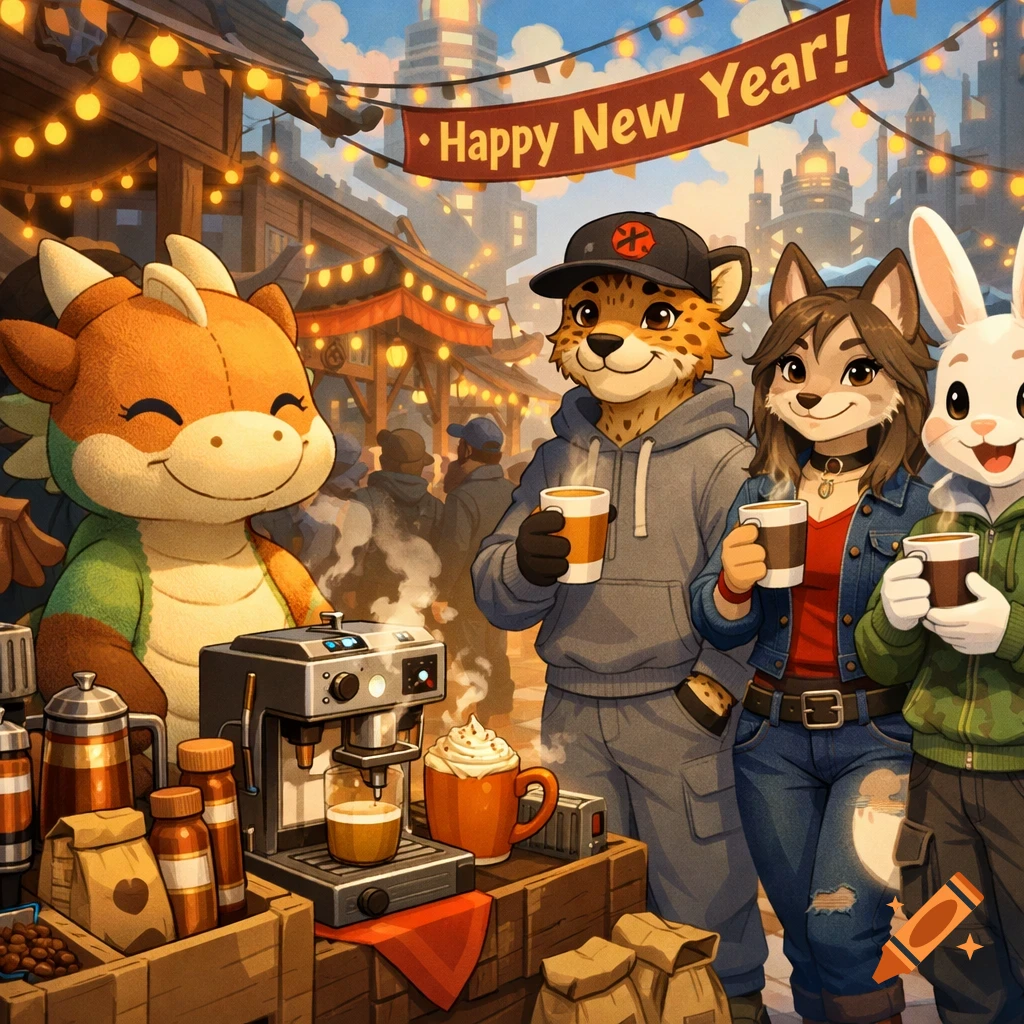 A cartoon of anthropomorphic animals and a dragon plushie drinking coffee at a festive New Year market under a 'Happy New Year!' banner.