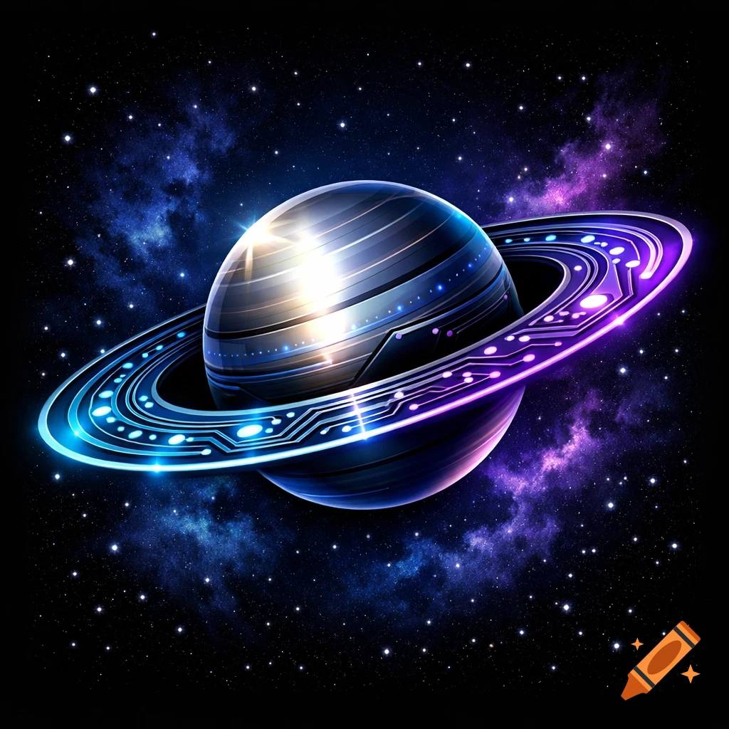 Stylized Saturn-like planet with glowing circuit board rings against a starry blue and purple nebula background.