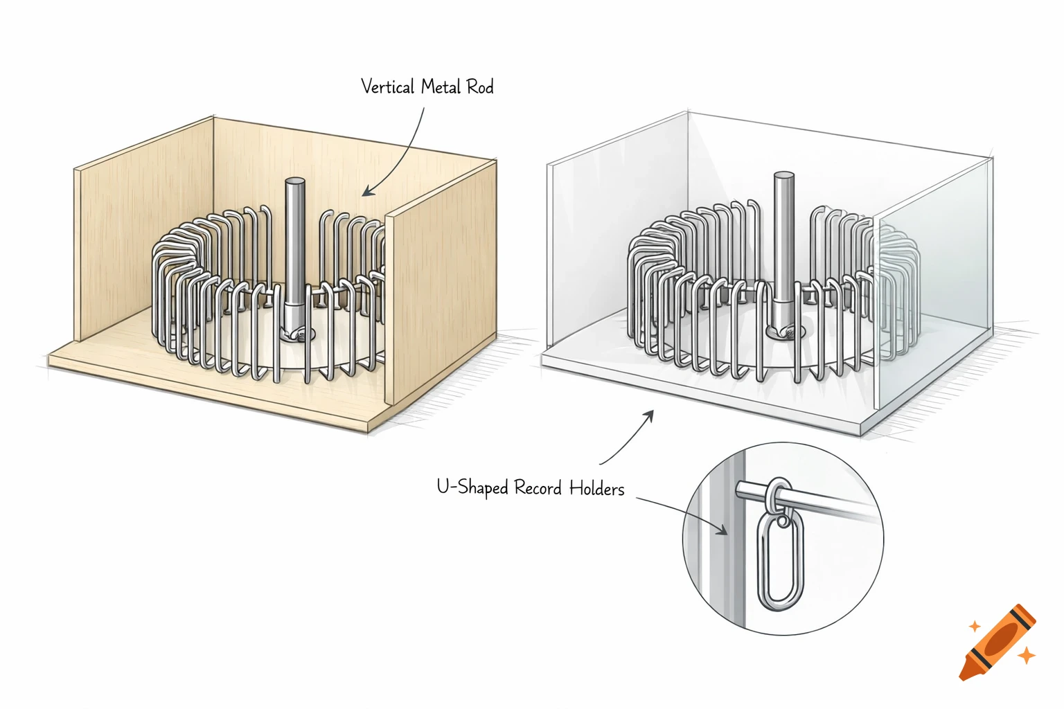 Two technical sketches of a modular vinyl record storage unit, one with wooden panels and one with translucent panels, featuring a central rod and U-shaped holders. Labels point to 'Vertical Metal Rod' and 'U-Shaped Record Holders'.