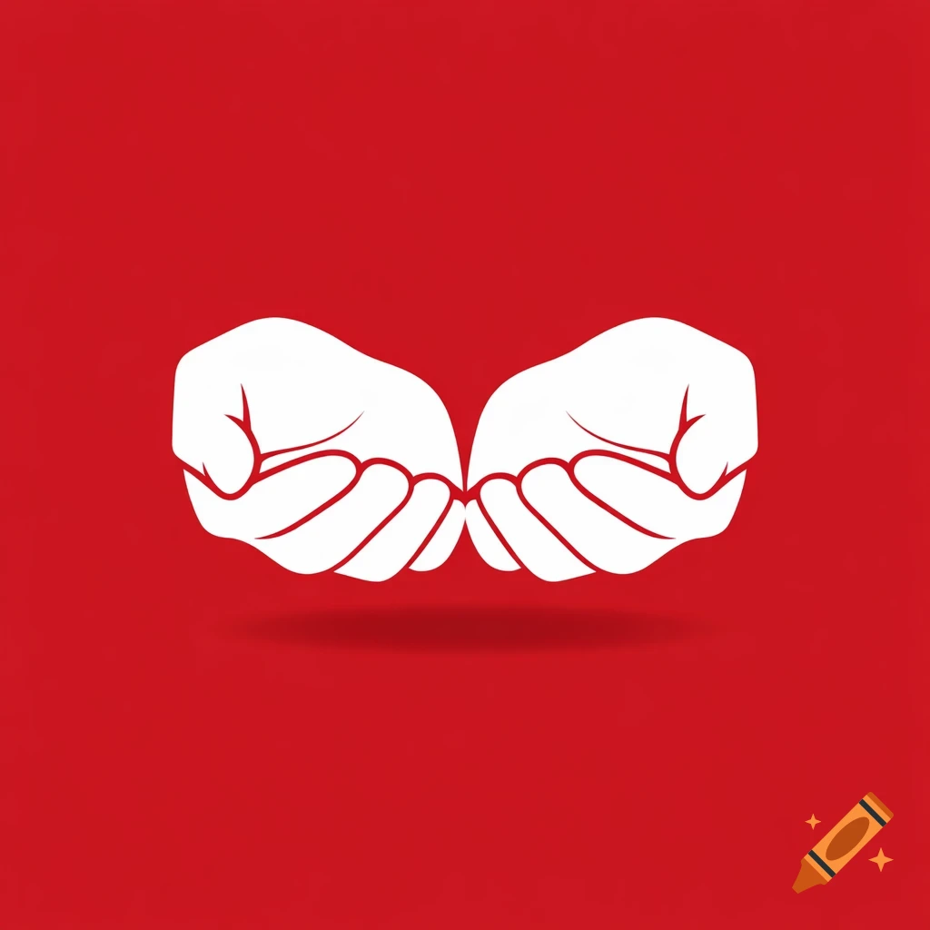 Two white stylized hands cupping nothing against a solid red background in a minimalist illustration style.