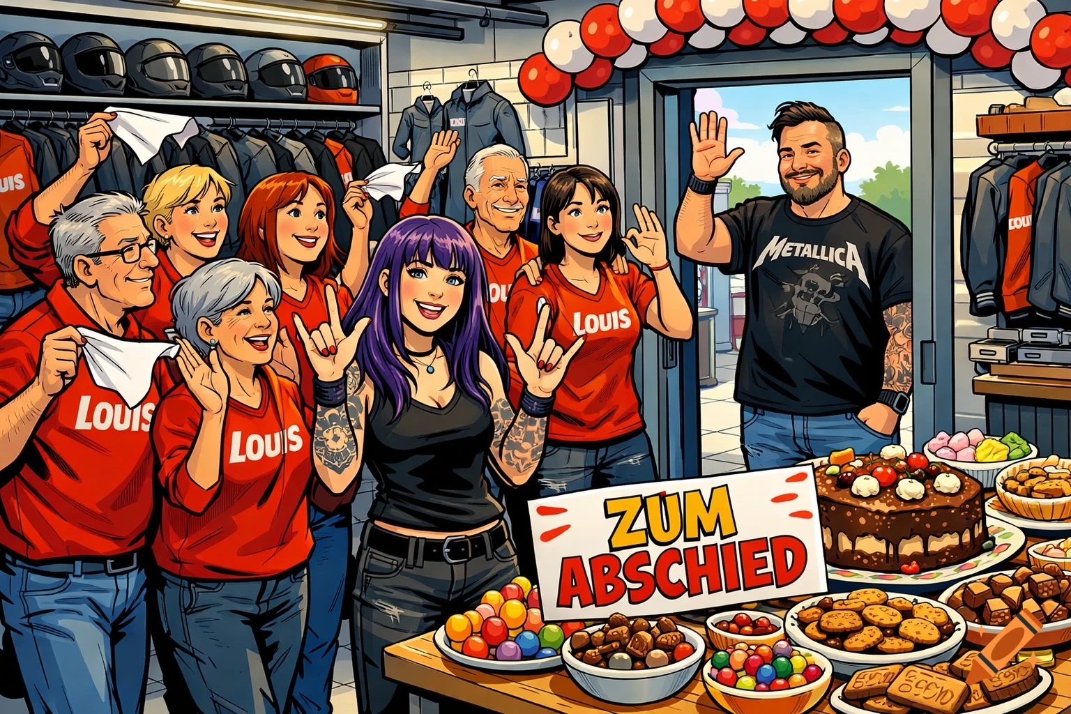Comic style illustration of a diverse group of people in a Louis motorcycle shop, waving goodbye and celebrating, with a table full of sweets and a "ZUM ABSCHIED" sign.
