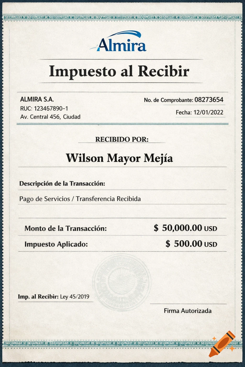 A detailed tax receipt from Almira for Wilson Mayor Mejía, showing a $50,000 transaction with a $500 tax.