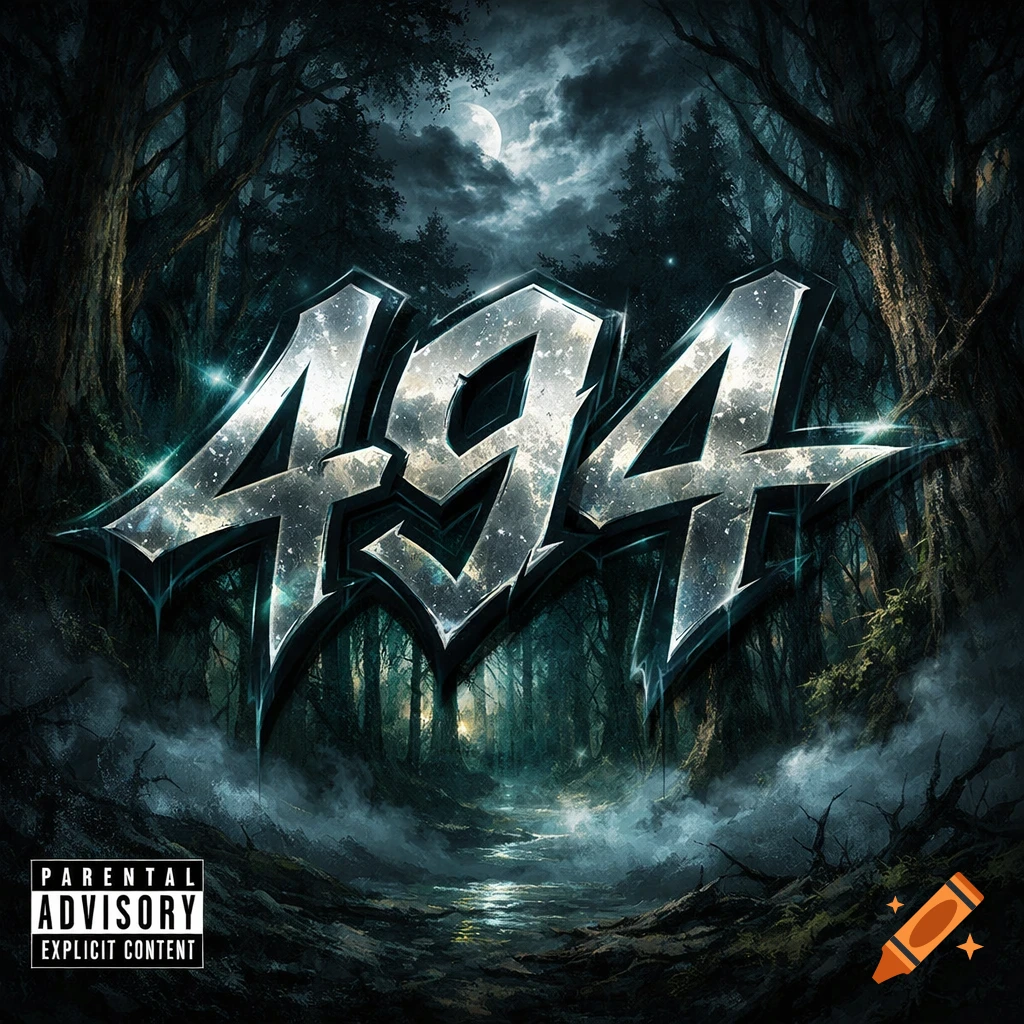 A dark fantasy album cover with large metallic '494' numbers in an eerie, moonlit forest with a stream.