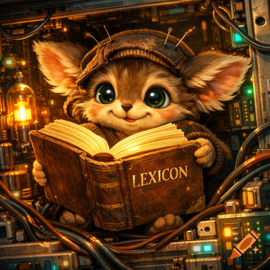 A cute, big-eyed, fluffy creature wearing a brown cap sits among glowing steampunk machinery, reading a book titled "LEXICON".