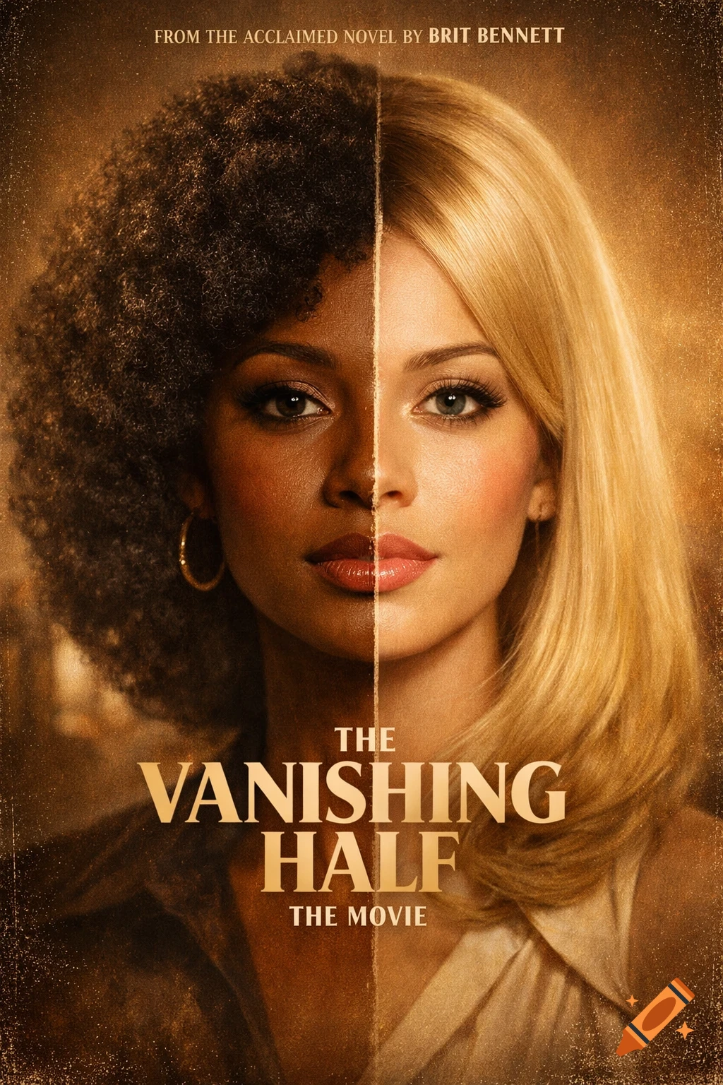 Movie poster for 'The Vanishing Half' showing a woman's face split down the middle: one side dark skin and kinky hair, the other fair skin and straight blonde hair.