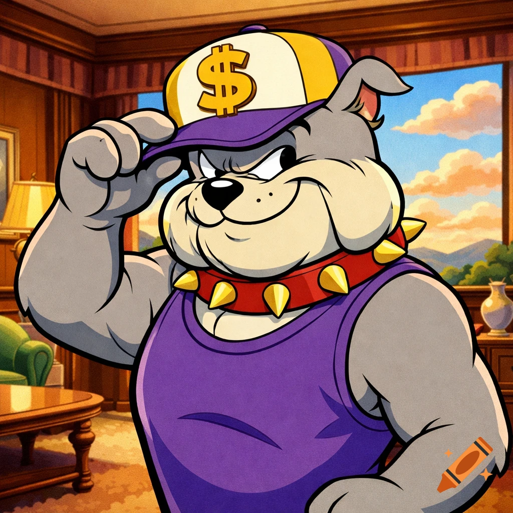 A proud cartoon bulldog, Spike, wearing a purple tank top and dollar sign cap, in a luxury living room.