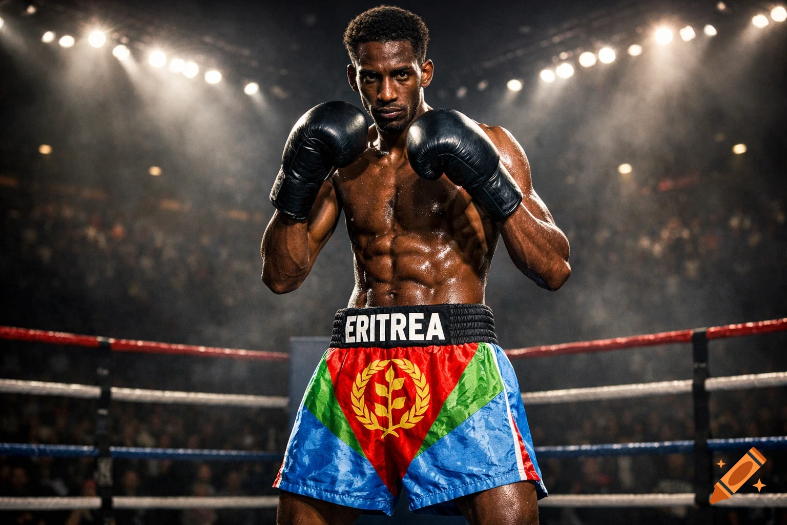 Photorealistic portrait of a muscular African American boxer in a ring, wearing Eritrean flag shorts, under dramatic stadium lights.