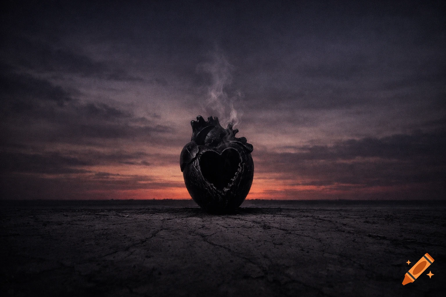 A dark, stylized anatomical heart with a hollow heart shape sits on cracked ground beneath a dramatic sunset sky.