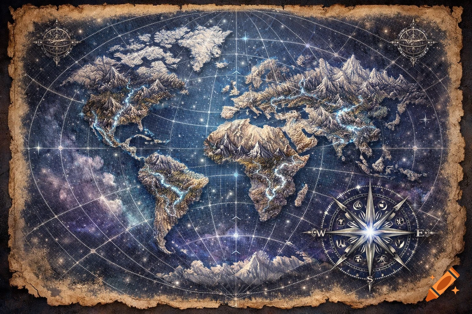 A stylized, old-world map of Earth, with glowing rivers and mountains, set against a starry cosmic background, with compass roses.