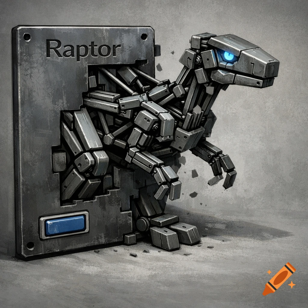 A metallic robotic raptor with blue LED eyes emerges from a rectangular metal plate inscribed with the word "Raptor" and a blue button.