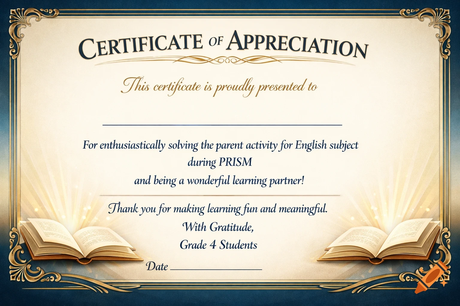 A gold and blue bordered certificate of appreciation, recognizing Grade 4 students, with open books at the bottom.