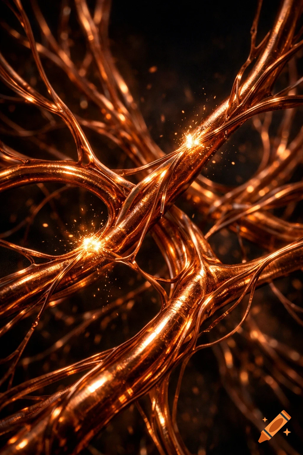 Close-up of intertwining glowing copper-colored metallic branches or veins with bright sparks against a dark background.