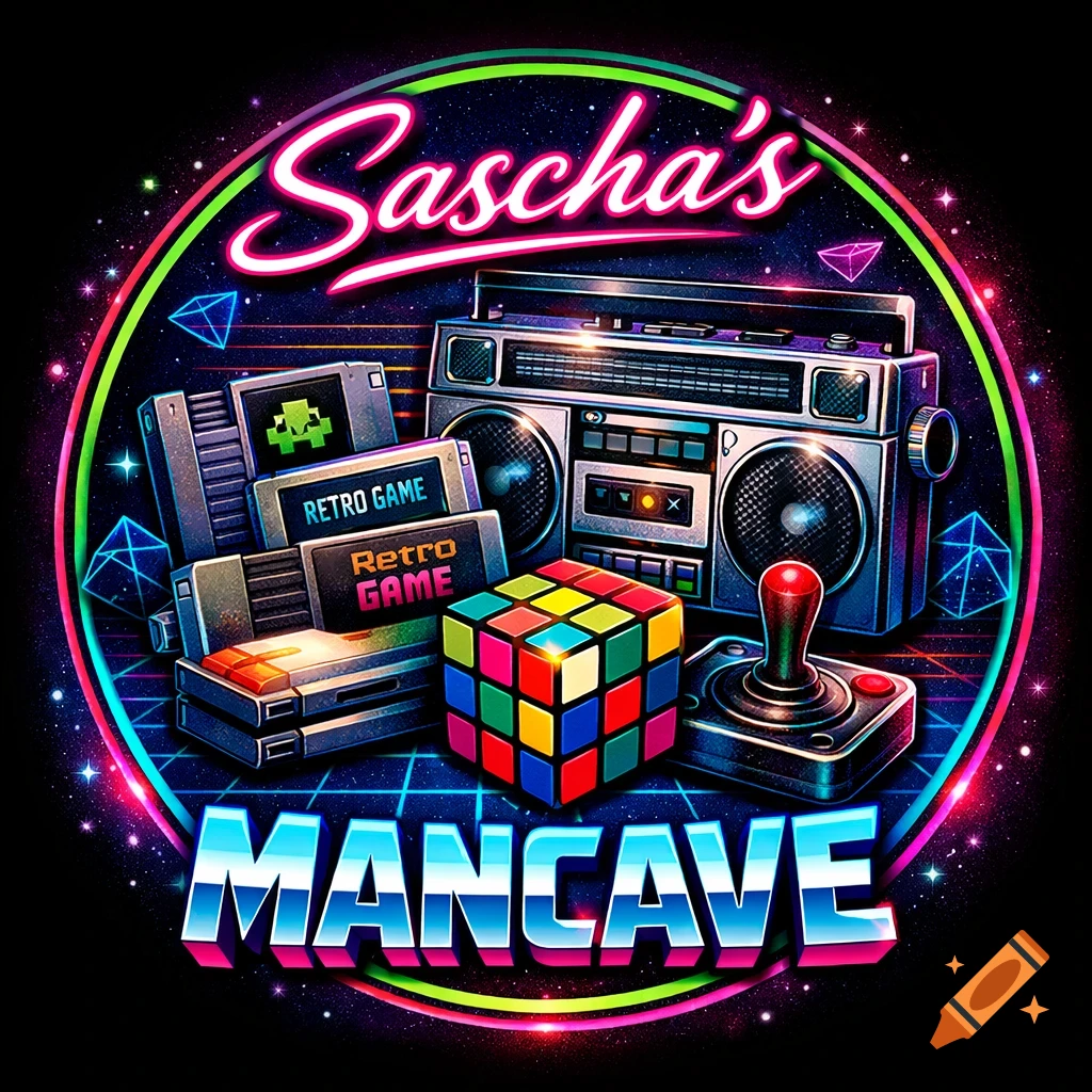 Neon retro logo with a boombox, game cartridges, joystick, Rubik's cube, and stars. Text reads Sascha's Mancave.