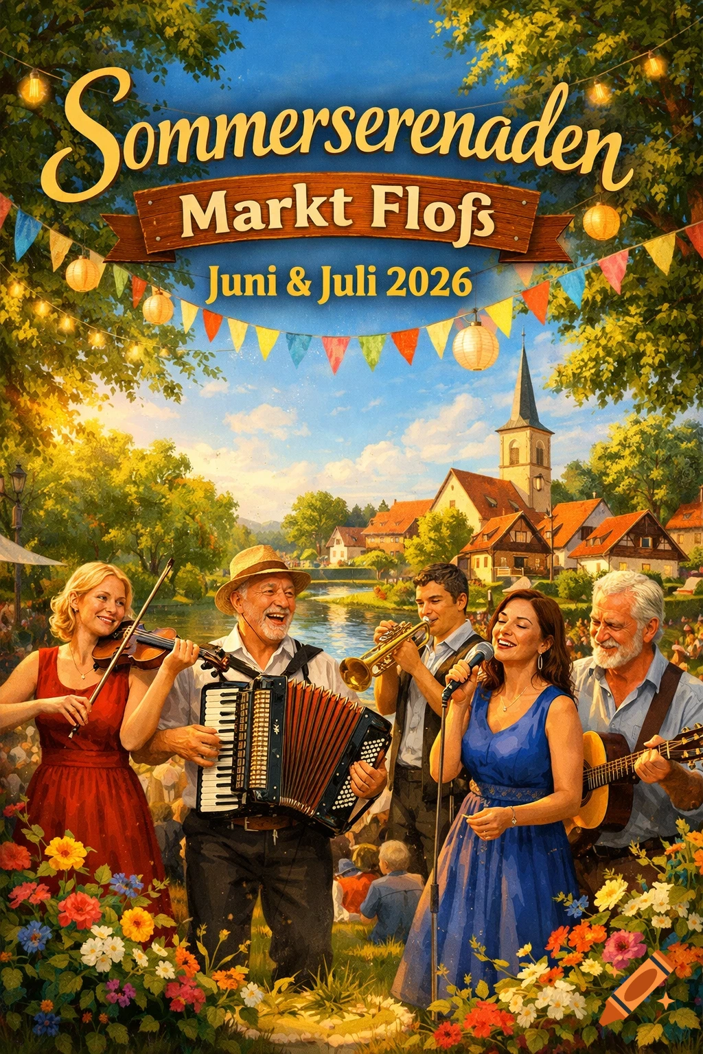 A colorful illustration of a band performing at the 'Sommerserenaden Markt Floß' outdoor music festival in a charming village.