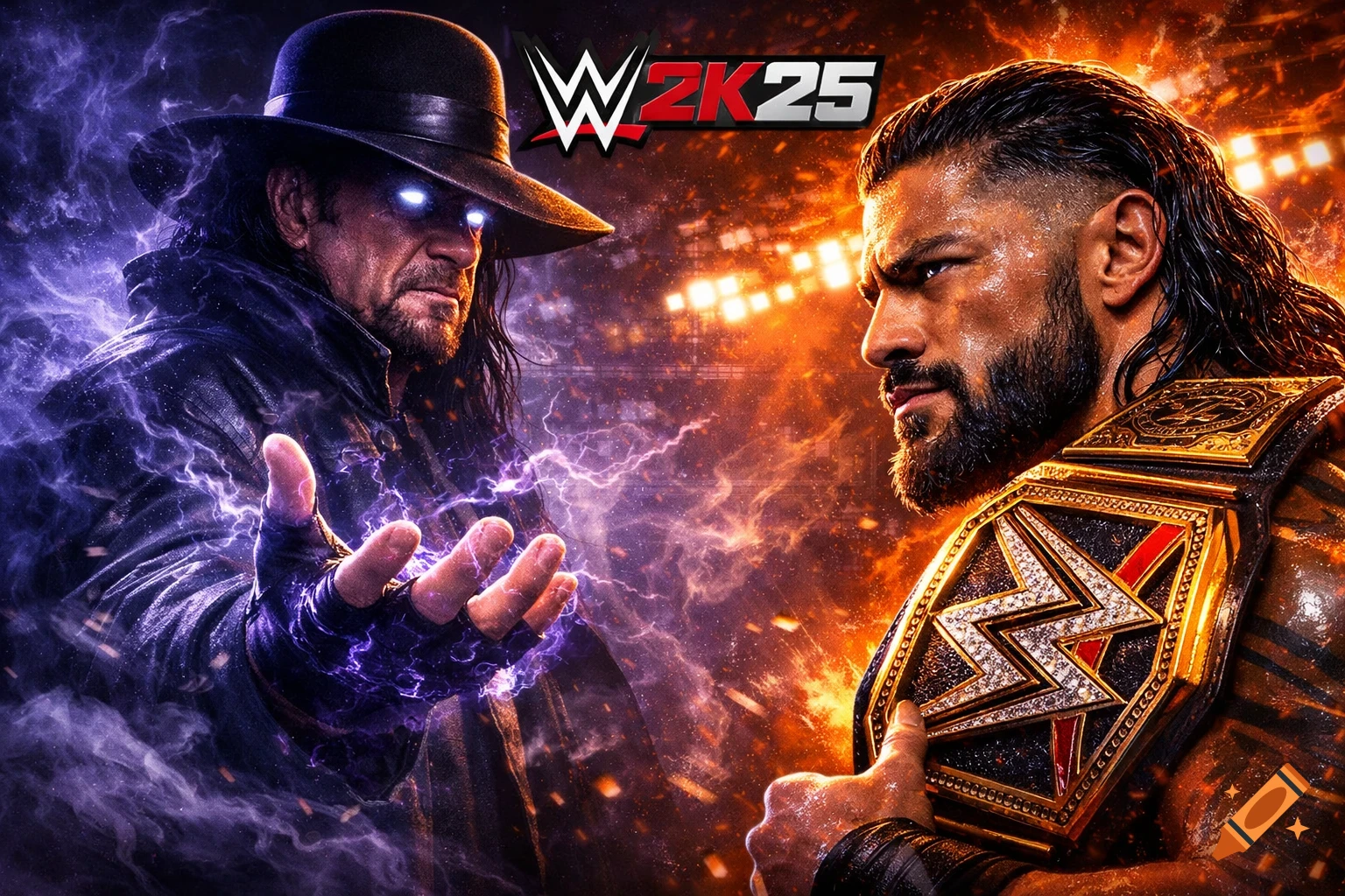 Stylized art of Undertaker conjuring purple lightning and Roman Reigns holding a championship belt, facing off in an arena.