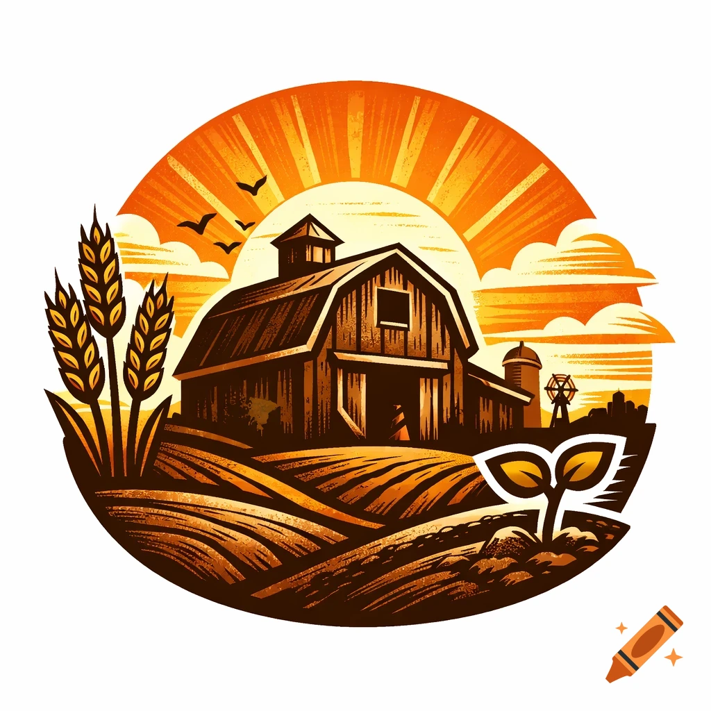 Stylized illustration of a farm with a barn, fields of wheat, and a sprouting plant under a radiant orange sunrise.