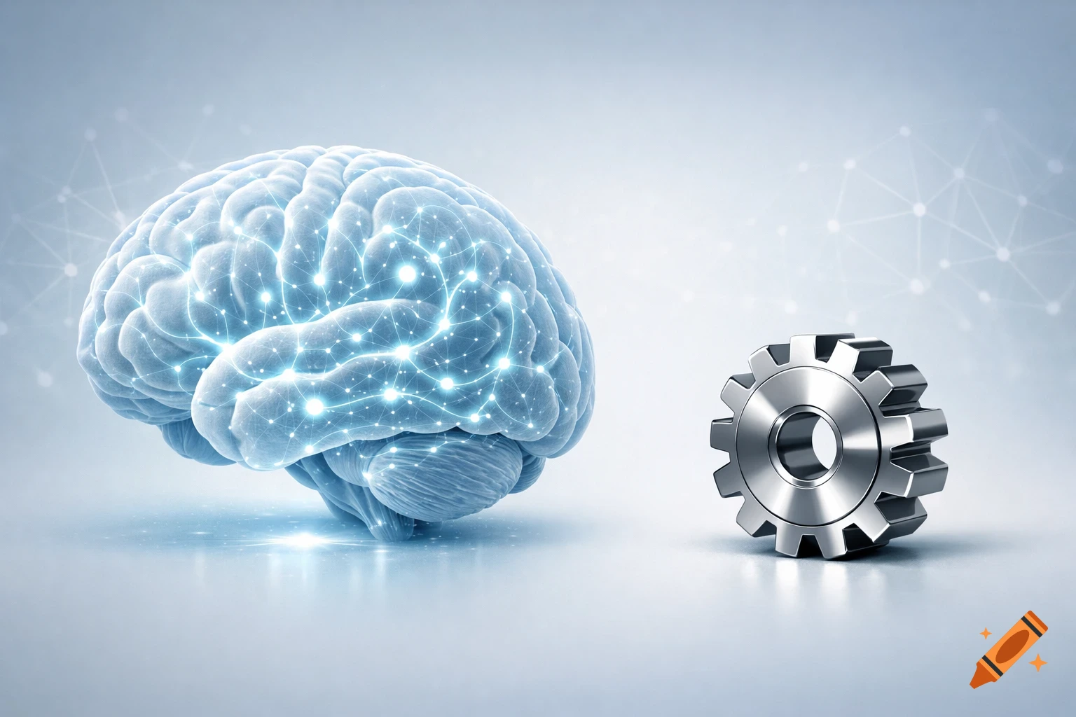 A glowing blue brain with interconnected nodes next to a shiny metallic gear on a light background, symbolizing AI and computation.