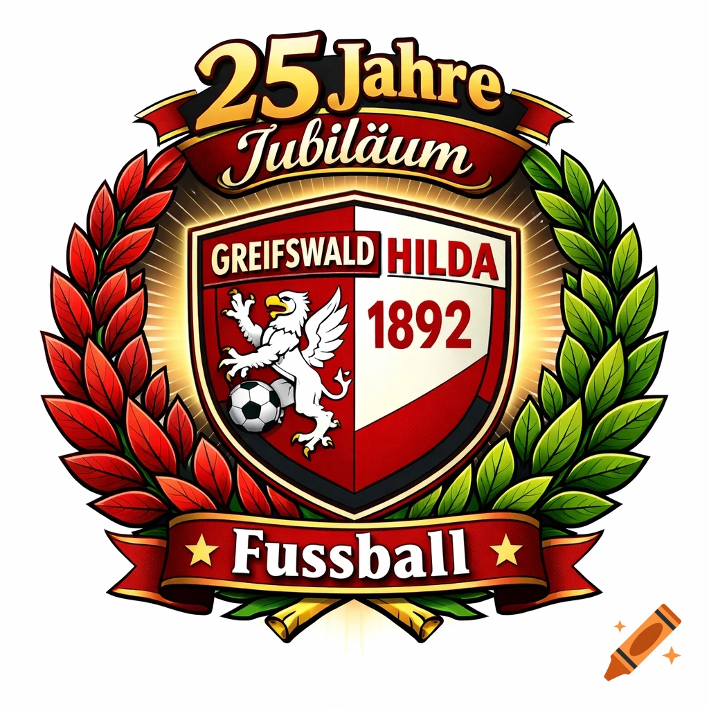 A red, white, and gold crest logo for "25 Jahre Jubiläum" and "Greifswald Hilda 1892 Fussball," featuring a white griffin holding a soccer ball, surrounded by red and green laurel wreaths.