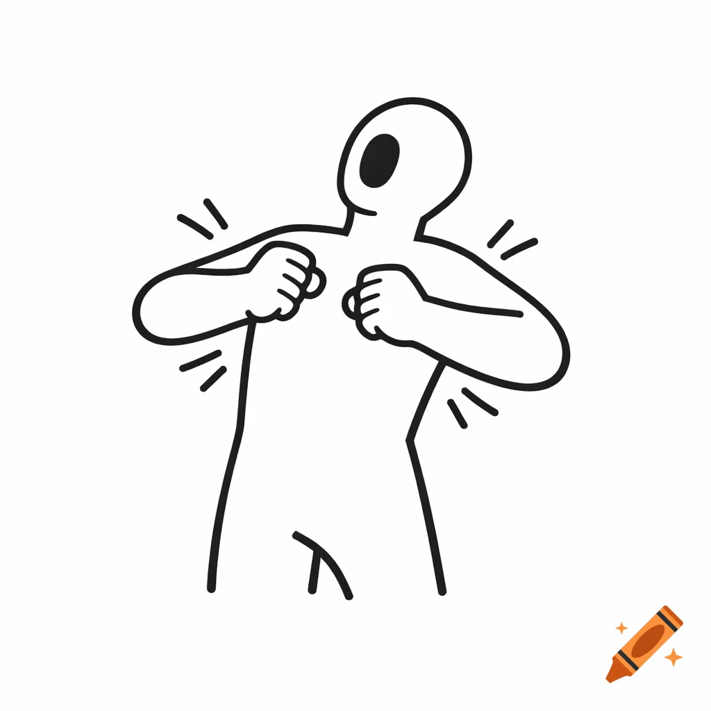 Minimalist black outline drawing of a person in an expressive Tarzan pose on a white background, in the style of IKEA instructions.