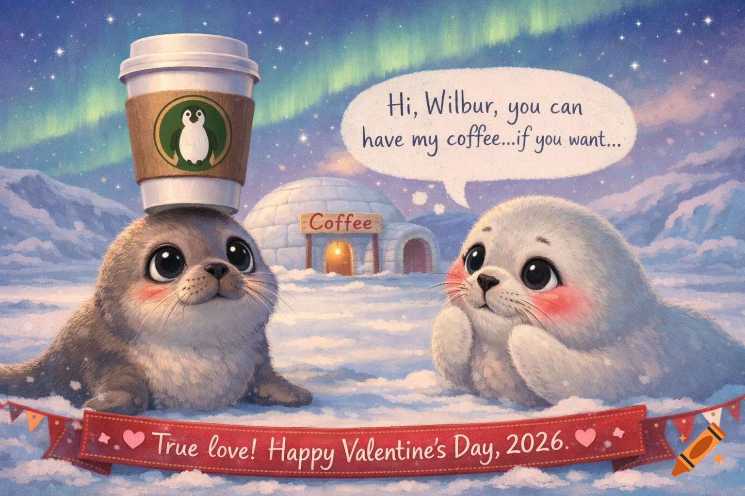 Two cute seals in a snowy Arctic scene. One balances a coffee cup and speaks to a blushing seal. A banner reads "True love! Happy Valentine's Day, 2026." An igloo coffee shop is in the background.