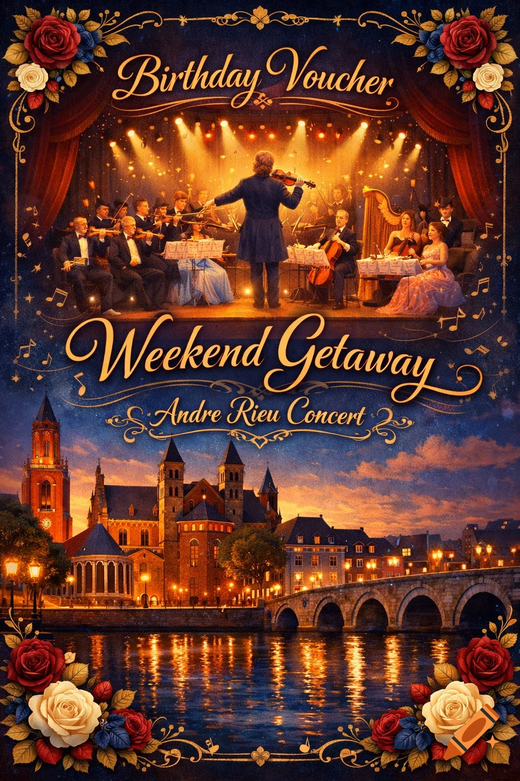A decorative voucher with an orchestra performing at the top and a Dutch city with a river and bridge at sunset at the bottom. Text reads 'Birthday Voucher', 'Weekend Getaway', and 'Andre Rieu Concert'.