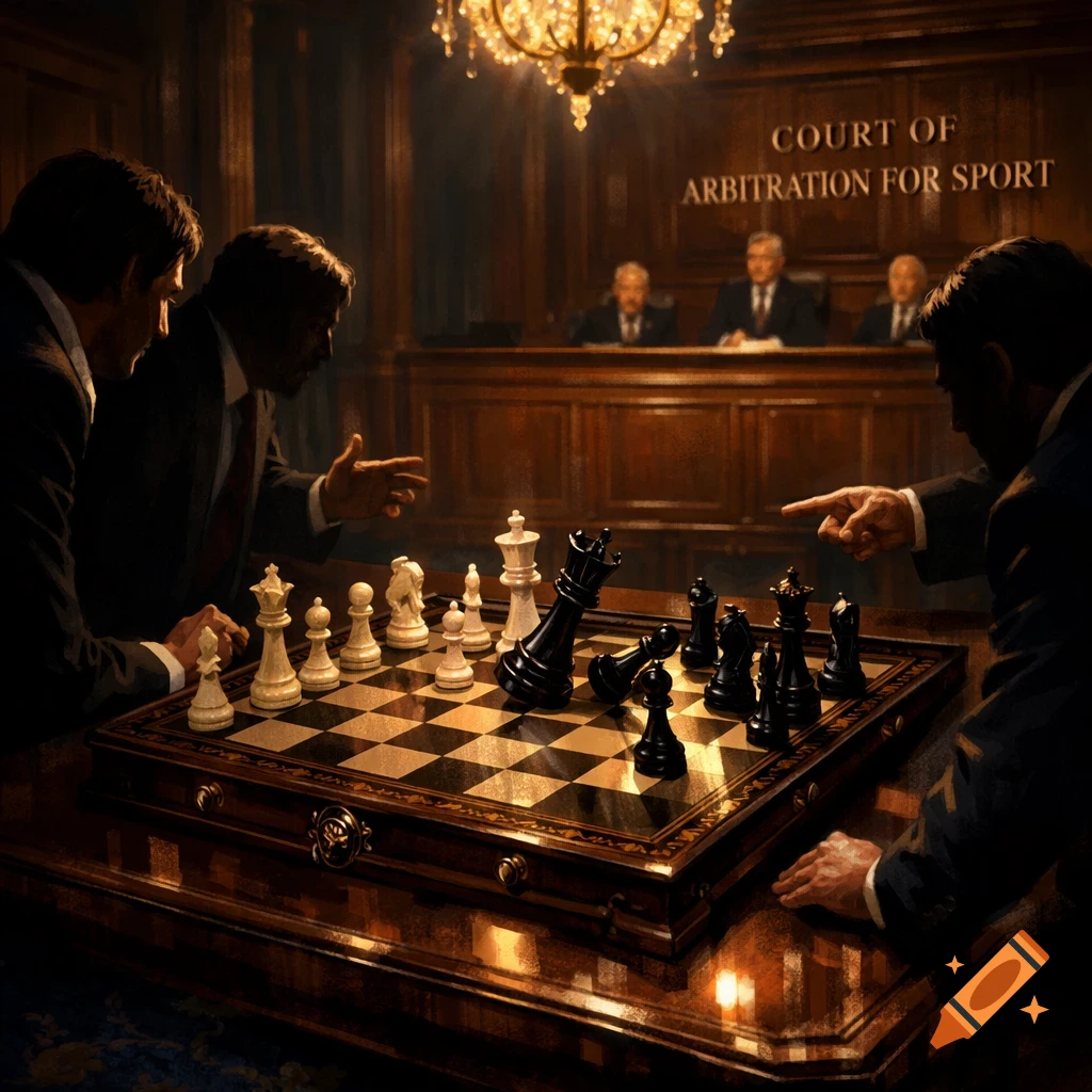 Men in suits play a game of chess in a grand courtroom, with judges seated in the background. The text 'COURT OF ARBITRATION FOR SPORT' is visible on the wall.