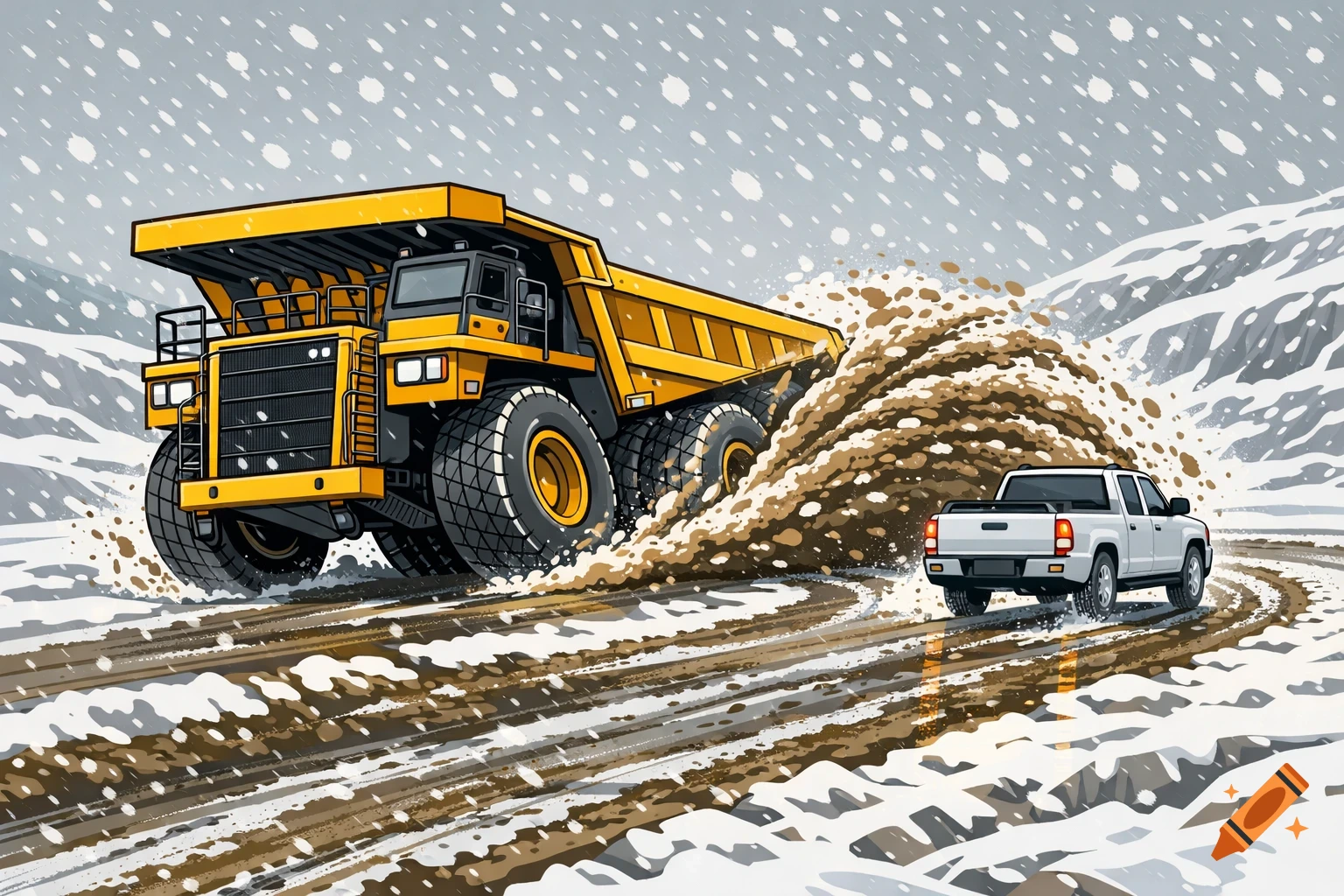 A large yellow mining haul truck fishtails on a snowy, muddy road, spraying slush behind its tires. A white pickup truck follows in falling snow.
