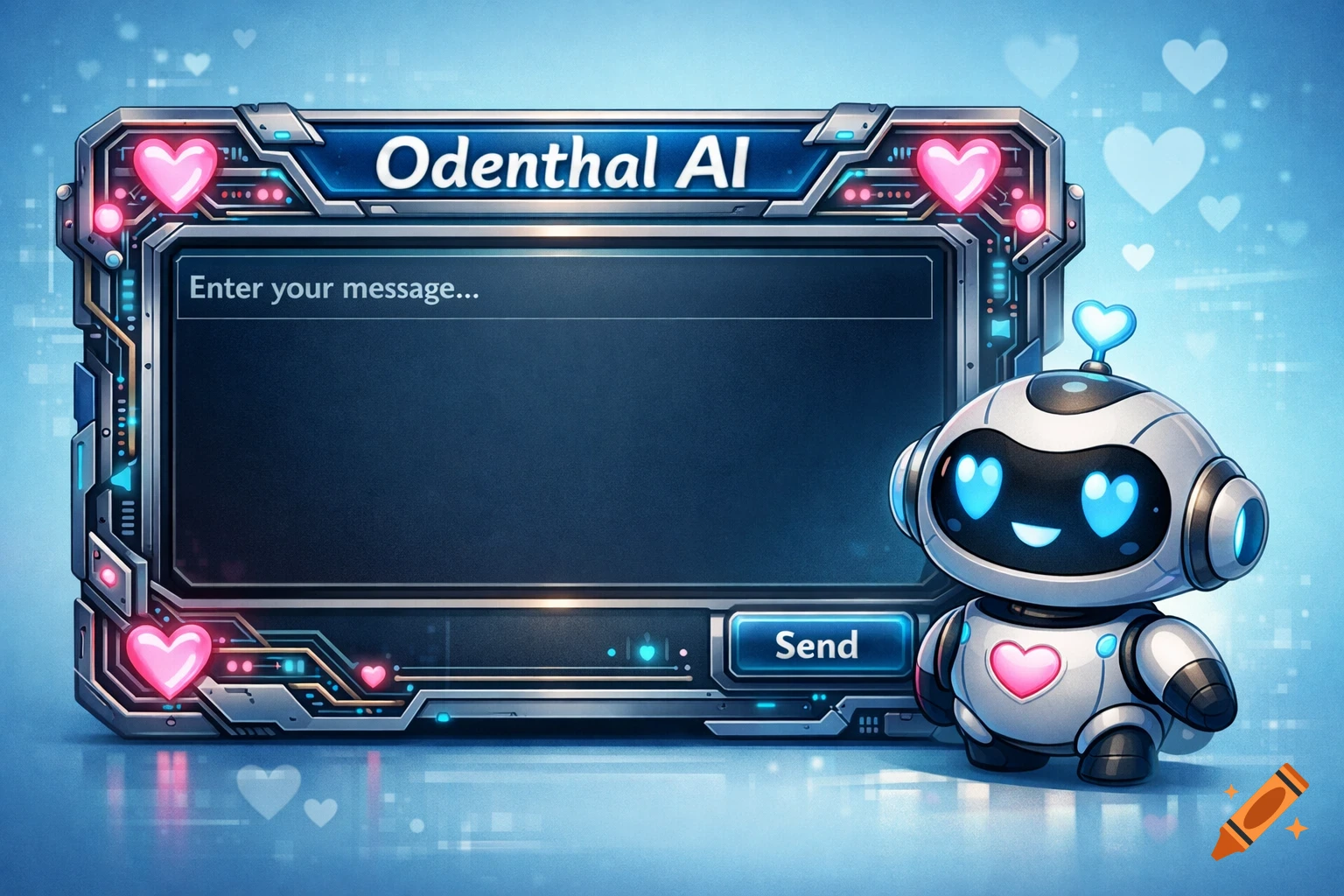A cute white robot with heart-shaped eyes stands next to a blue futuristic chat interface titled "Odenthal AI", decorated with hearts, in a comic style.