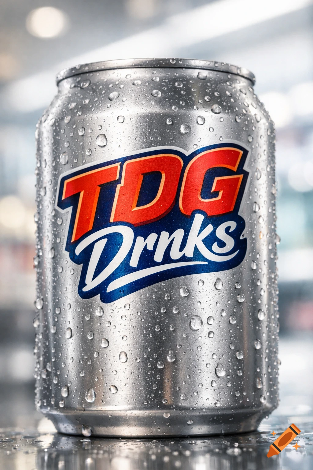 A close-up of a cold, wet, silver soda can with water droplets, featuring a red and blue 'TDG Drnks' logo.