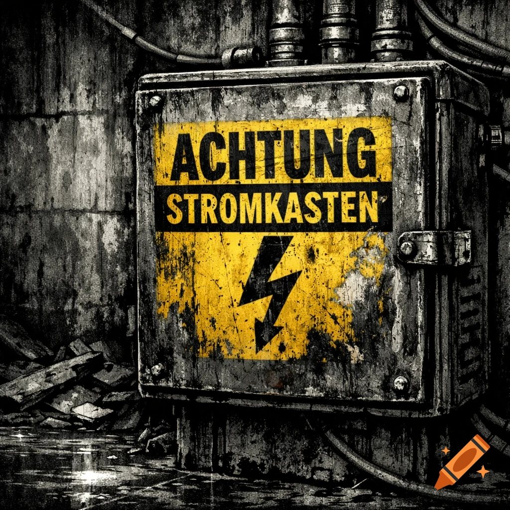 A close-up of a weathered, rusty electrical box with a yellow and black warning sign reading 'ACHTUNG STROMKASTEN' and a lightning bolt symbol, set against a dark, grimy wall.