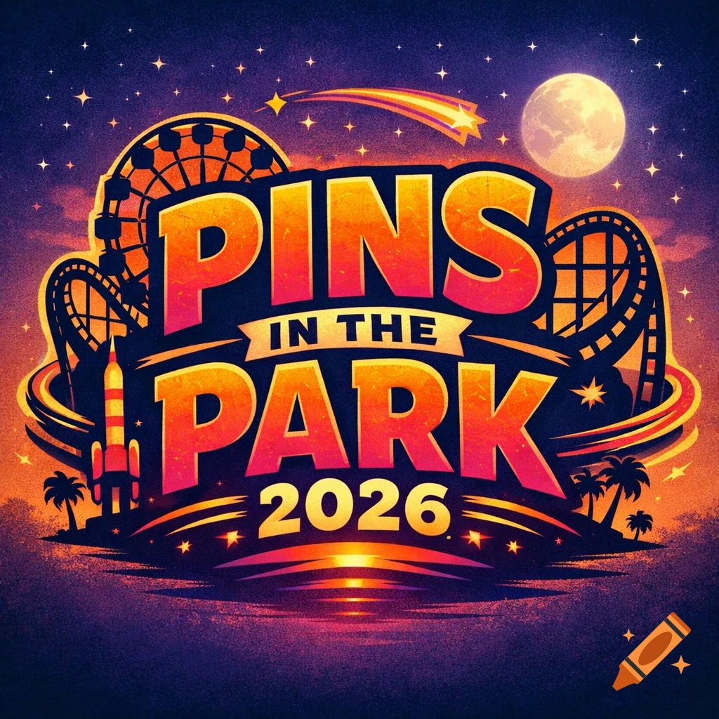 A vibrant logo for 'PINS IN THE PARK 2026' featuring a nighttime amusement park with roller coasters and a Ferris wheel.