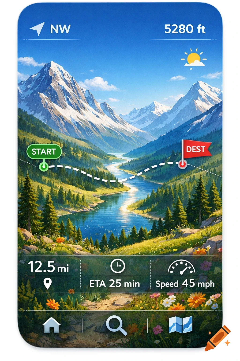 Phone navigation widget showing a route through a lush mountain valley with a river, snow-capped peaks, and UI for distance, ETA, speed.