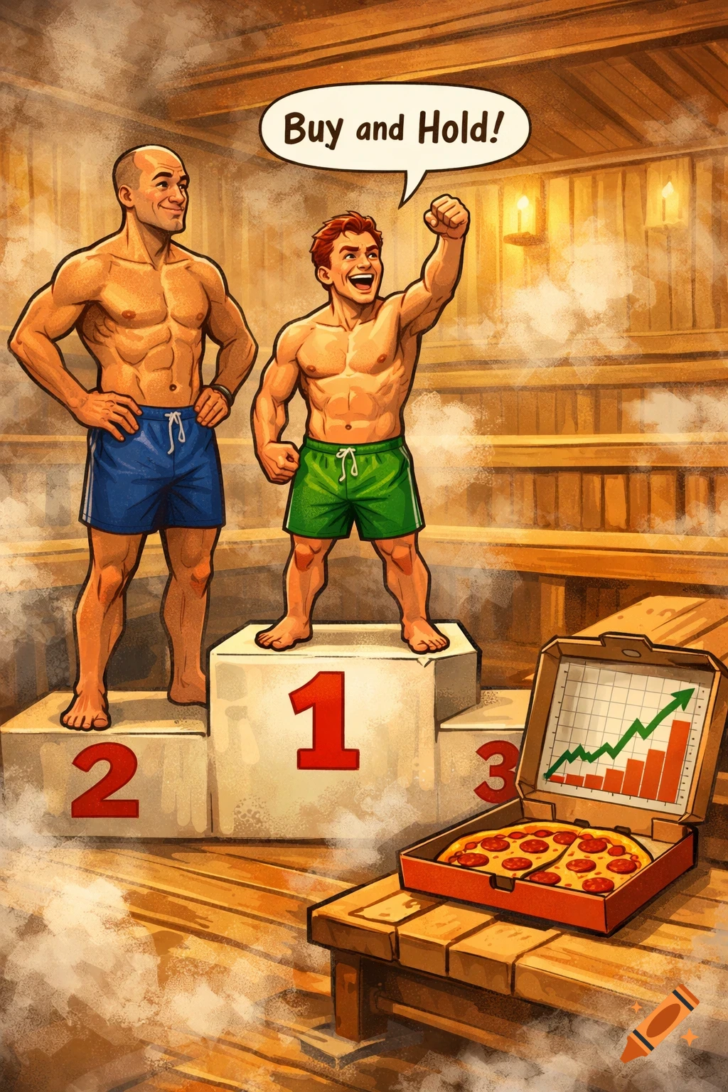 Two muscular men in shorts on a winners' podium in a comic-style sauna. One man says 'Buy and Hold!', next to an open pizza box with a stock graph.