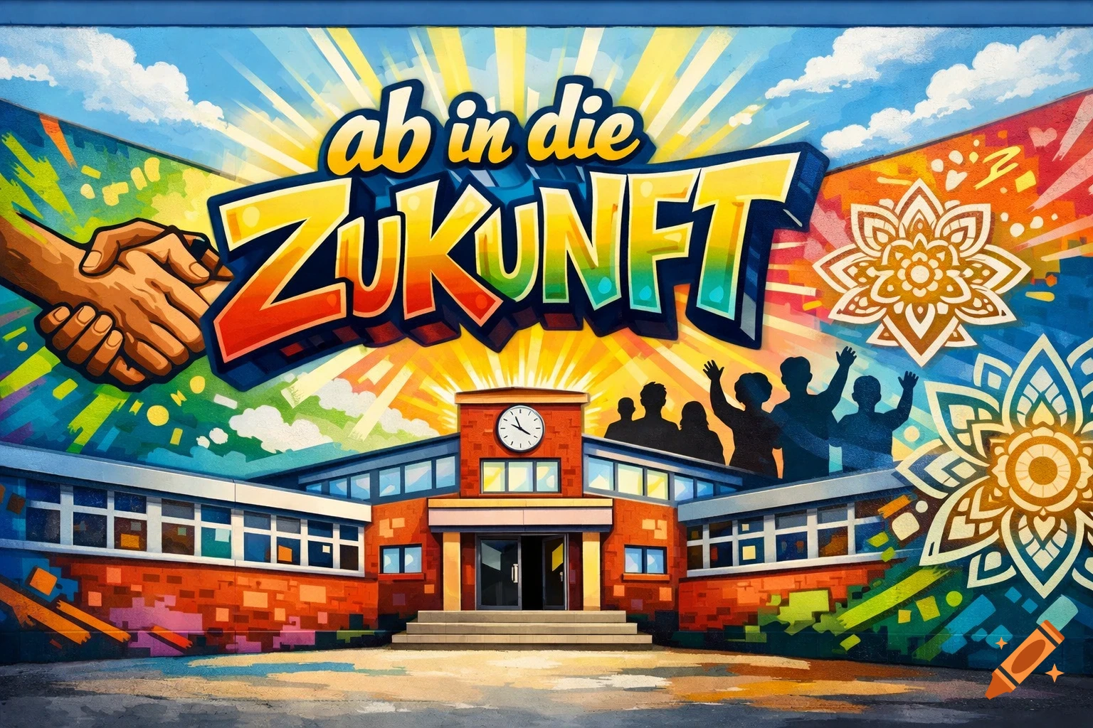 A vibrant, colorful graffiti mural with a school, students, a handshake, and the German slogan 'ab in die ZUKUNFT' (into the future) under a bright sky.