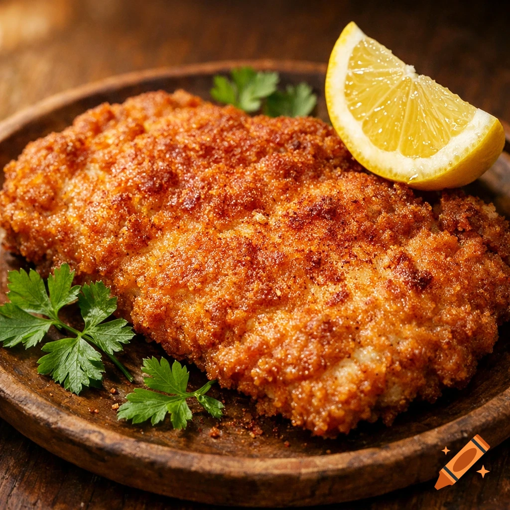 A golden-brown breaded cutlet (schnitzel) garnished with a lemon wedge and fresh parsley on a rustic wooden plate.