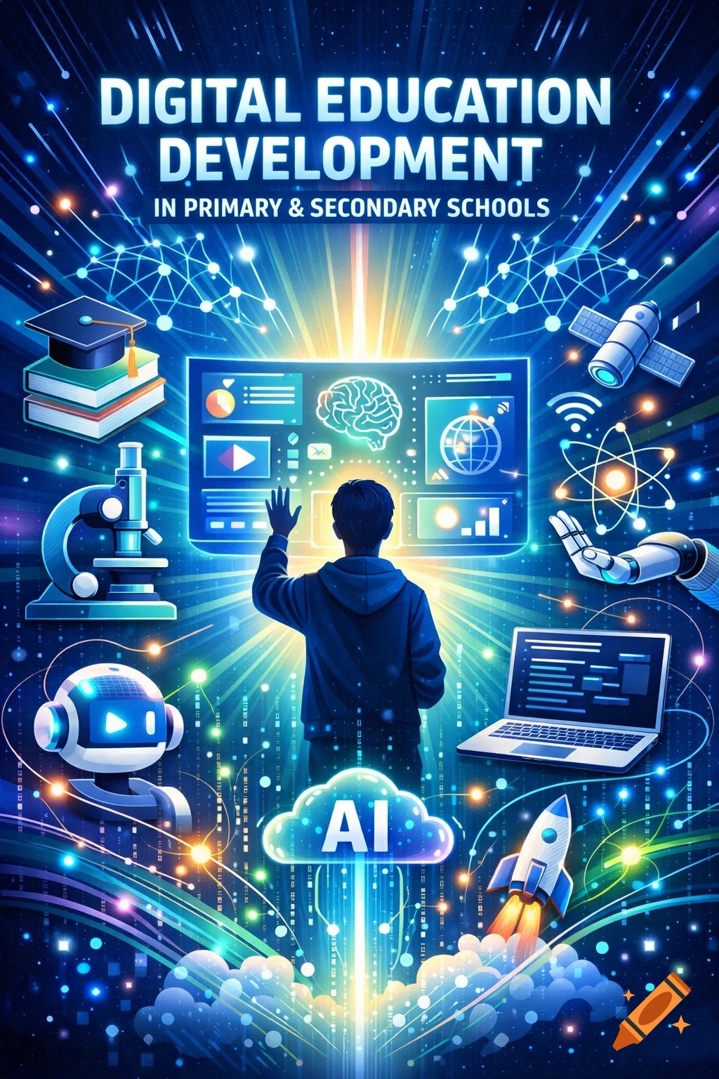 A person interacts with a glowing digital screen surrounded by elements like a graduation cap, microscope, robot, satellite, laptop, and AI cloud. Text reads "DIGITAL EDUCATION DEVELOPMENT IN PRIMARY & SECONDARY SCHOOLS" and "AI".