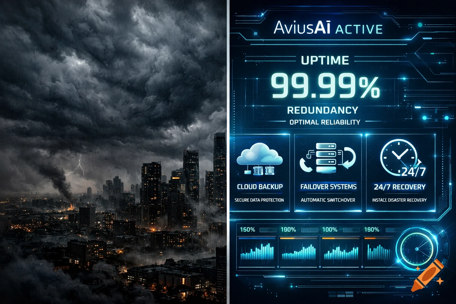 A split image showing a dark, stormy city skyline with lightning on the left, and a glowing blue digital dashboard with data and icons on the right.