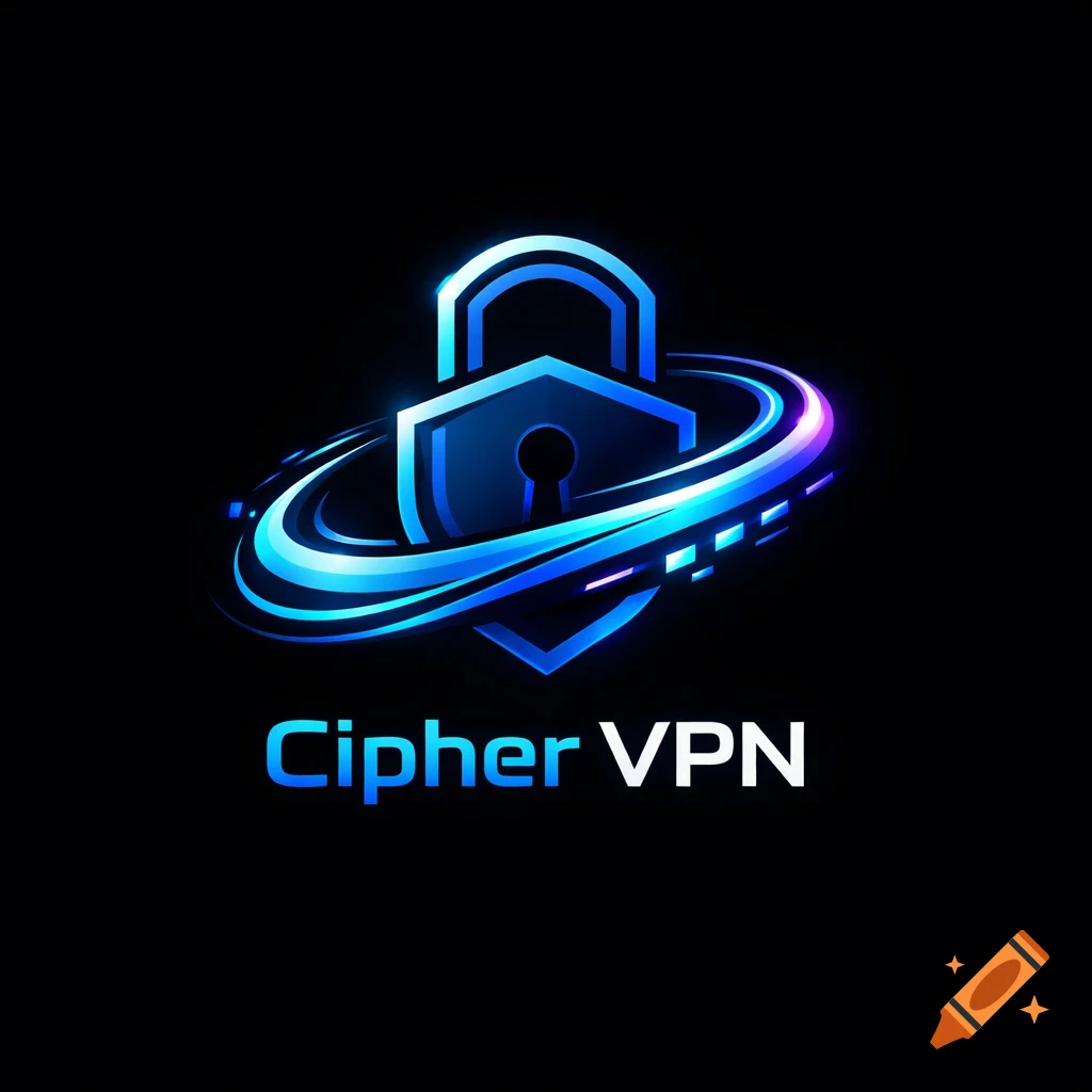 A glowing blue and purple padlock logo with swirling lines, symbolizing security, with the text "Cipher VPN" below it on a black background.