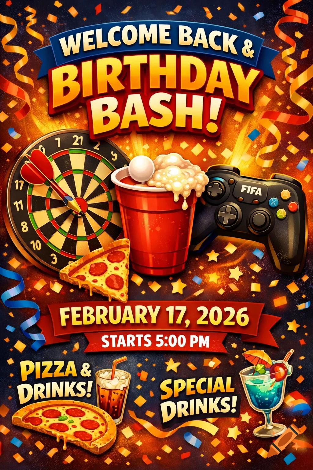 A vibrant party flyer for a 'Welcome Back & Birthday Bash' on February 17, 2026, starting 5:00 PM. Features darts, beer pong, FIFA controller, pizza, and special drinks.