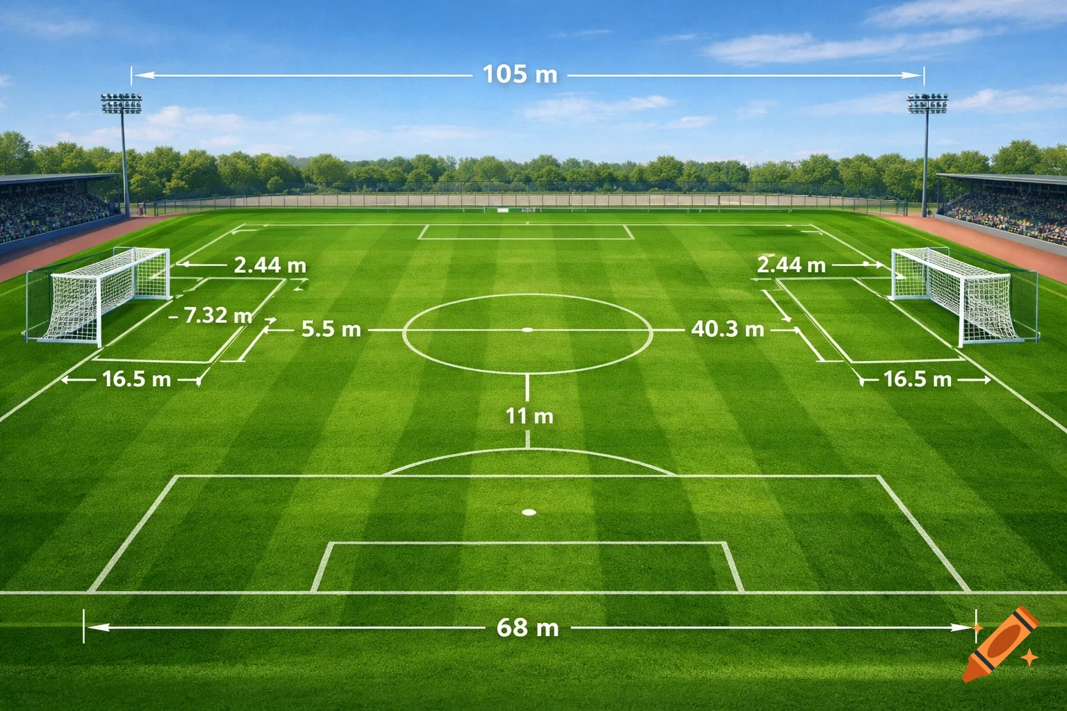 An aerial view of a soccer field with white lines indicating various dimensions and numerical measurements in meters.