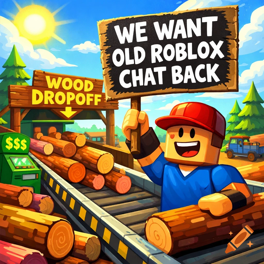 A bright cartoon Roblox character holding a sign 'WE WANT OLD ROBLOX CHAT BACK' in a sunny lumber camp with logs on a conveyor belt.