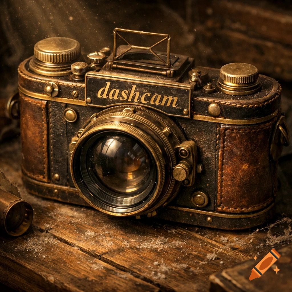 Close-up of a detailed vintage steampunk camera with 'dashcam' inscribed, featuring brass and leather, on a dusty wooden surface.