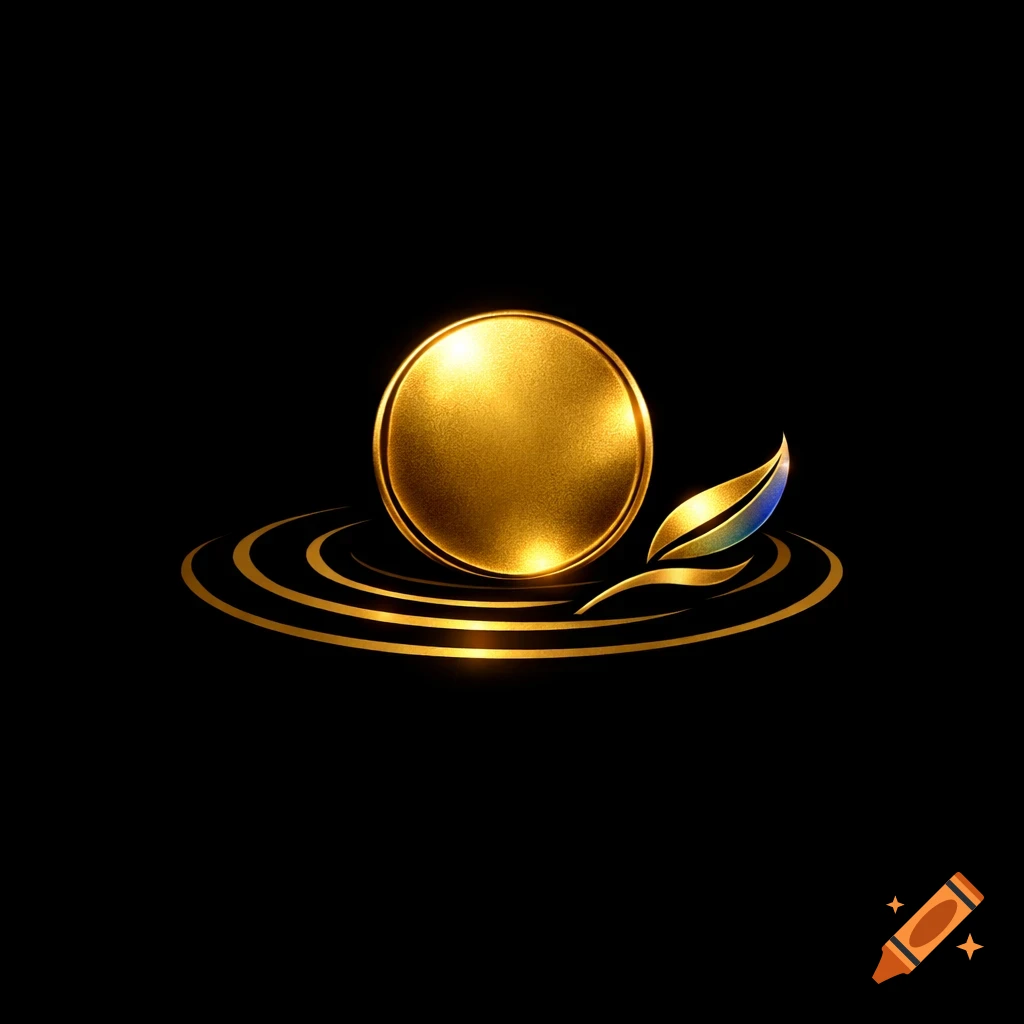 A minimalist golden logo featuring a textured disc, concentric ripples, and a stylized leaf on a black background.
